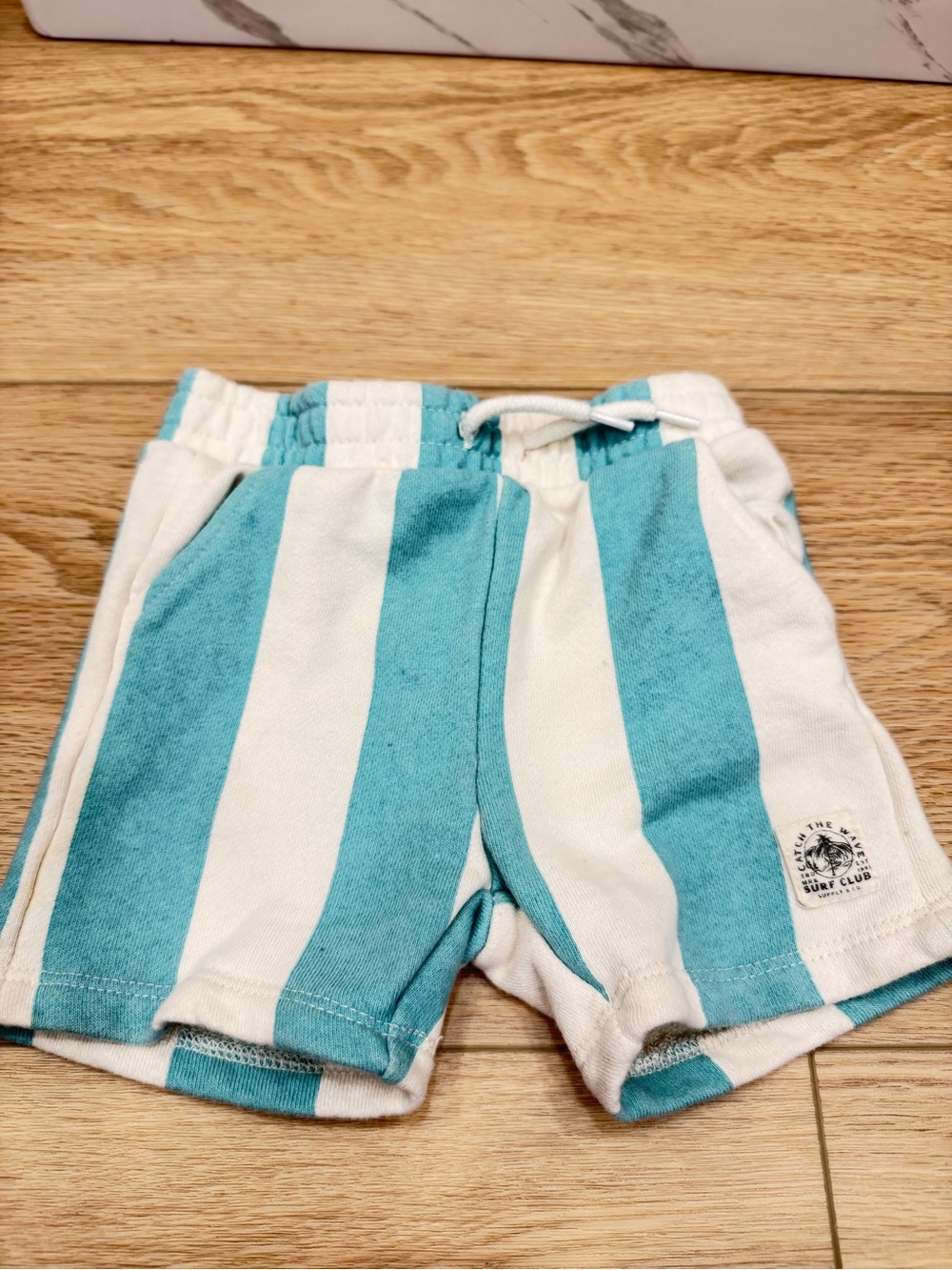 Kids Striped Teal & White Drawstring Shorts